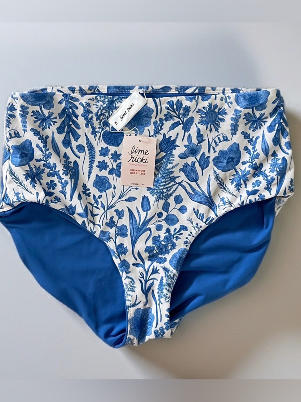 NWT Lime Ricki Girls Blue and White Floral High-Rise Swim Bottoms